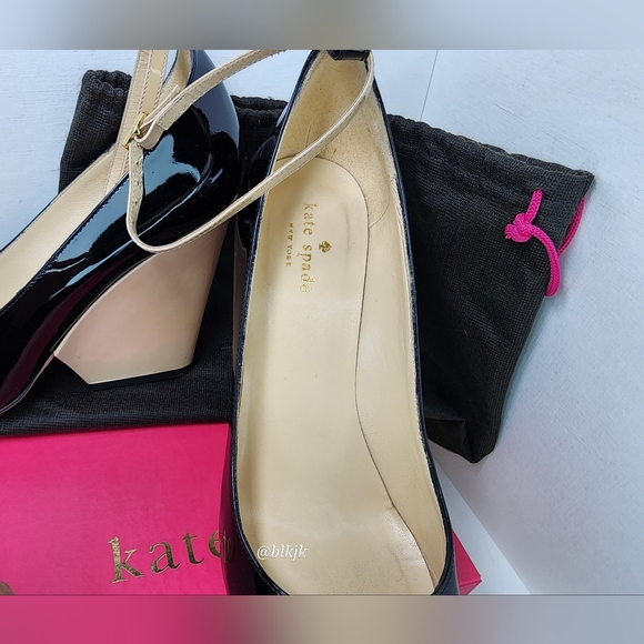 kate spade Prince Black/Powder Patent Leather Strap Wedge Heels EUC Size 9 1/2 - Picture 2 of 16